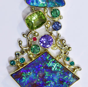 boulder opal peridot tanzanite emerald blue zircon ruby pendant 22k gold kalled