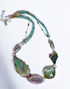 madagascar-jasper-carved-opal-necklace-moldavite-amethyst-drusy-grape-garnet-mint-kyanite-kalled