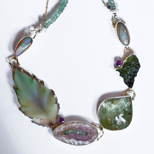 madagascar-jasper-carved-opal-necklace-moldavite-amethyst-drusy-grape-garnet-mint-kyanite-kalled