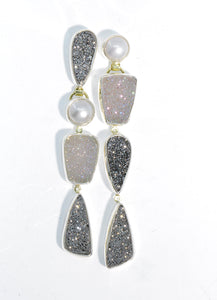 Drusy and Pearl Mismatch Silver Earrings