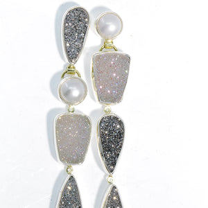 Drusy and Pearl Mismatch Silver Earrings