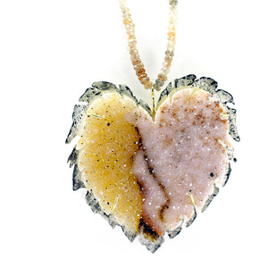 Drusy Quartz Heart Leaf Pendant 18k Gold Sterling Silver Zircon Beads