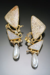 Petrified Coral Earring with Pearl, Drusy & Diamond