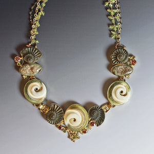 ammonite drusy sunset topaz peridot necklace 22k gold kalled