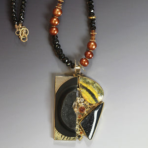 orpiment black carved onyx drusy orange sapphire diamond 22k gold pendant kalled