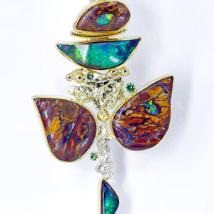"Wood Fairy" Boulder Opal Pendant Gold Nuggets Green Tourmaline 22k 18k Gold
