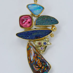 Jennifer Kalled Boulder Opal Pendant Rainbow Hematite Tourmaline Sapphire