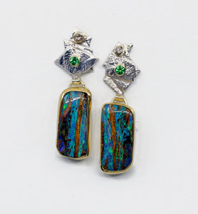 Jennifer Kalled Opal Petrified Wood Earrings Diamond Tsavorite