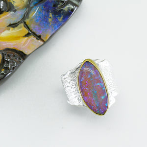 Opal in Petrified Wood Ring Wide Sterling Silver 22k Gold