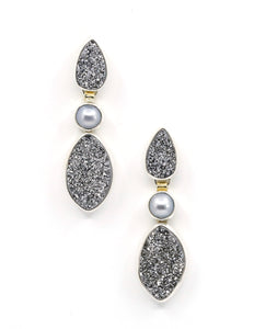 Drusy Quartz Earring Gray Pearl Sterling Silver 18k Gold