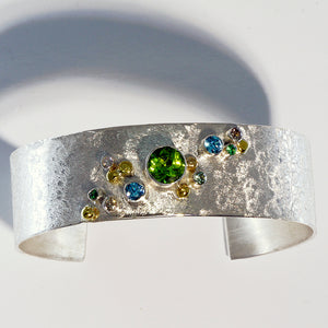 Peridot-topaz-zircon-silver-gold-cuff-bracelet-kalled