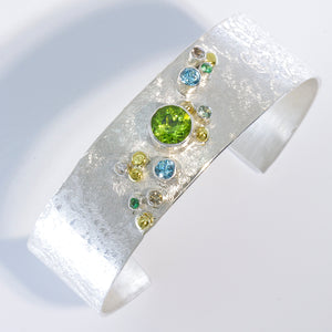 Peridot-topaz-zircon-silver-gold-cuff-bracelet-kalled