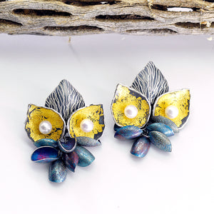 So Young Park Post Earrings Oxidized Silver Gold Leaf Freshwater Pearls