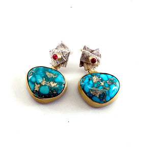 Turquoise Earrings Pink Sapphire Sterling Silver 22k Gold