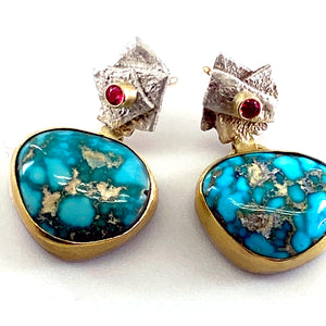 Turquoise Earrings Pink Sapphire Sterling Silver 22k Gold